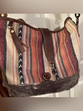 Myra Bag Multicolor Woven Shoulder Bag with Brown Trim